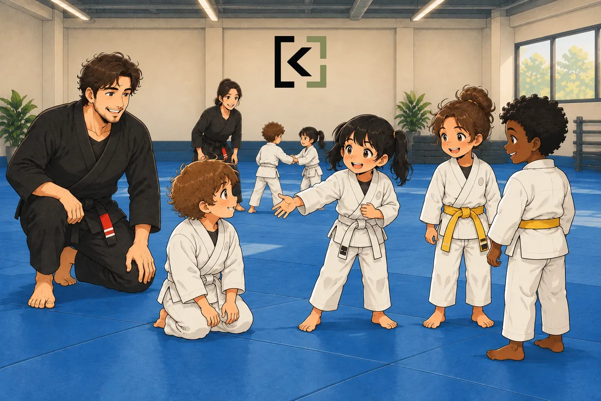 A child invites a classmate into a Brazilian Jiu Jitsu partner group while a coach stays nearby on KIN’s blue mats.
