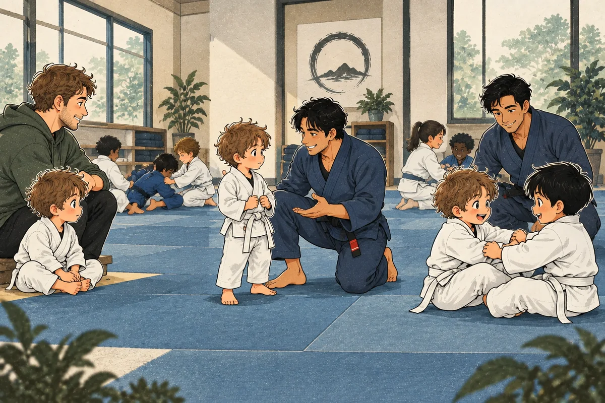 A young child gradually moves from watching a Brazilian Jiu Jitsu class to joining a game and working with a friendly partner.