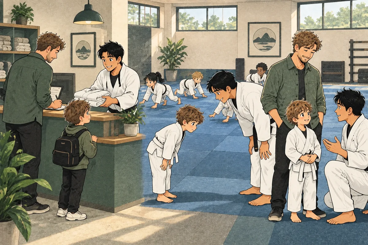 A child receives a loaner gi, bows into their first Brazilian Jiu Jitsu class, and talks with the coach afterward alongside their parent.