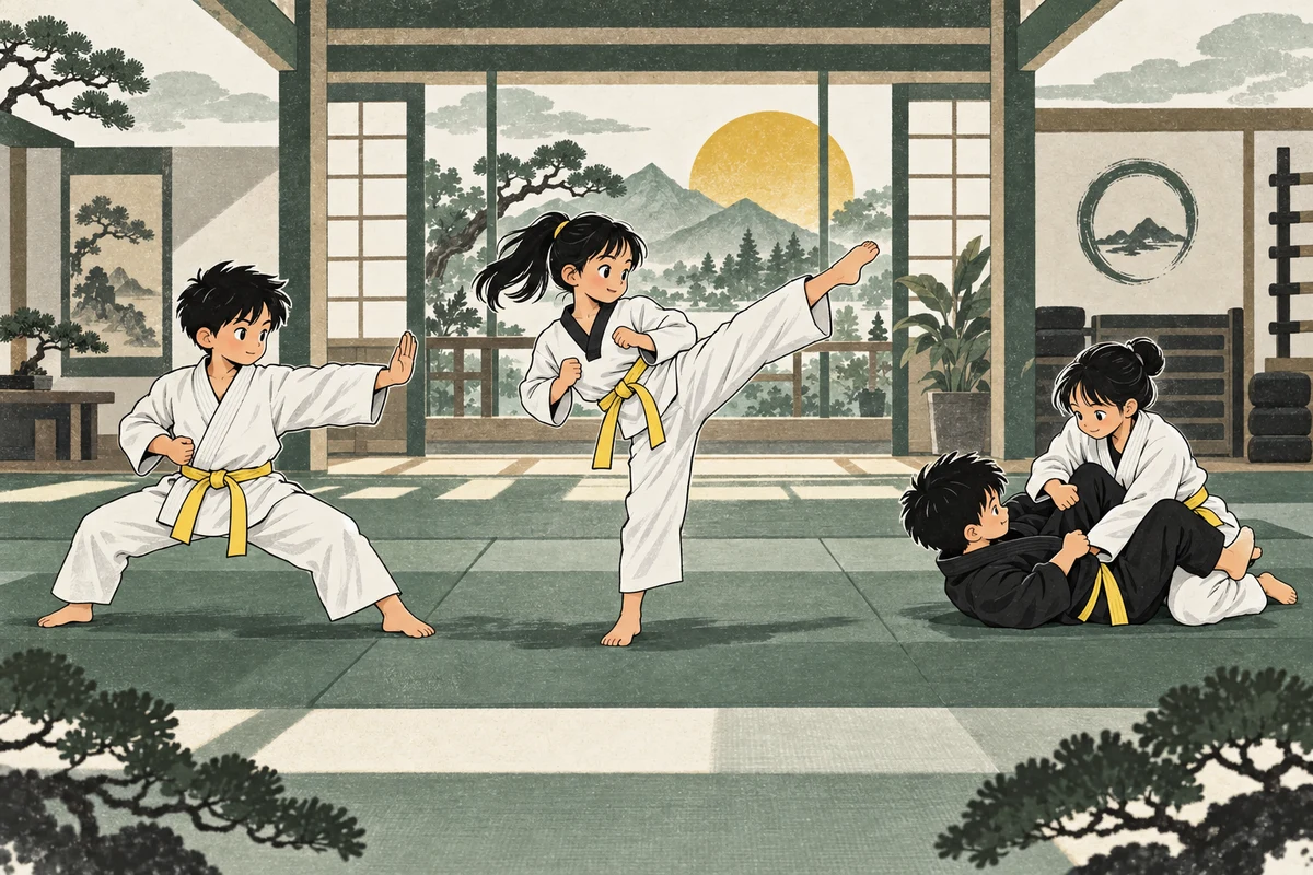 Children practising karate, taekwondo, and Brazilian Jiu Jitsu in three equally weighted scenes.