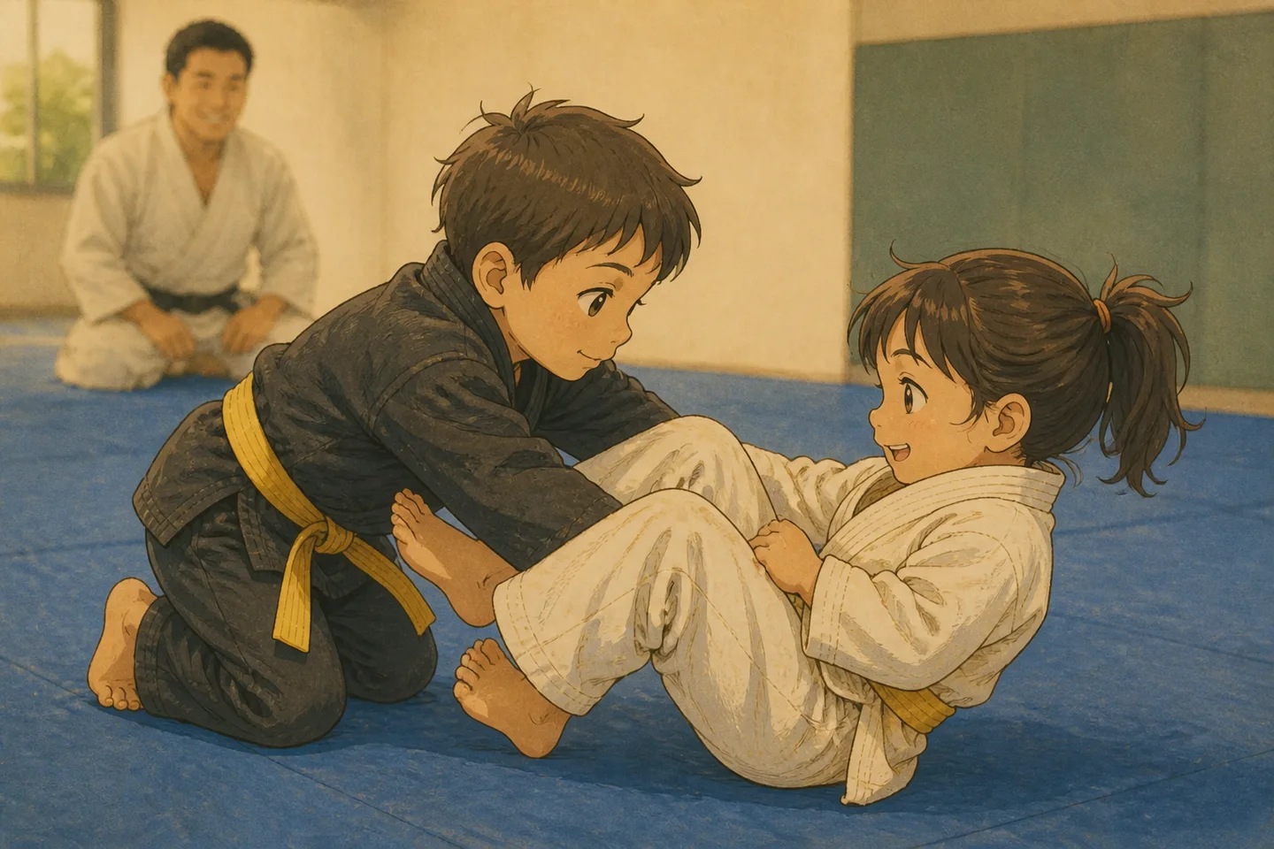 Two young Munchkins teammates practise a playful balance drill with a coach nearby in a hand-drawn editorial scene