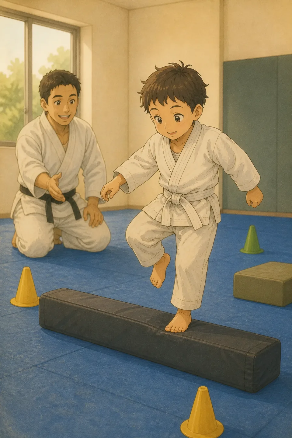 A young Munchkins student moves through a playful balance course while a coach encourages them