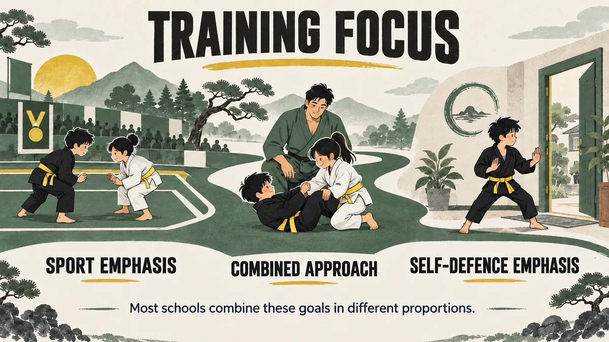 Training focus spectrum from sport emphasis through a combined approach to self-defence emphasis.